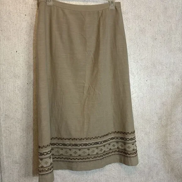 Due Per Due Skirt Womens Size‎ 14 Beige Beaded Maxi A Line Linen Blend Business